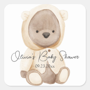 Pegatina Cuadrada Ducha de Bebé Personalizada Acuarela Oso Lindo