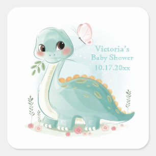 Pegatina Cuadrada Ducha de bebé personalizada de dinosaurio