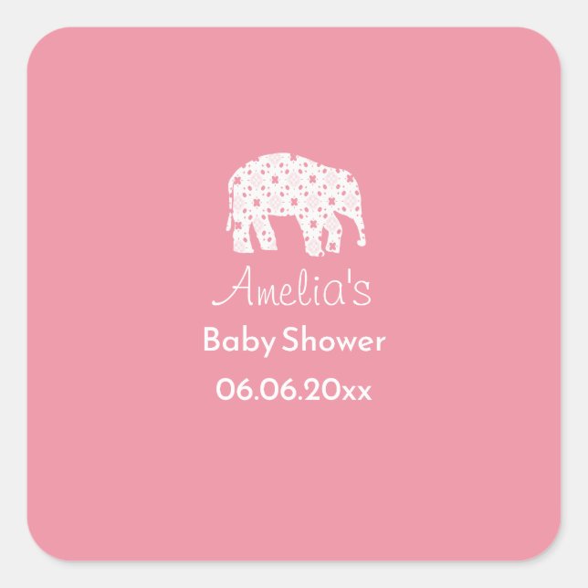 Pegatina Cuadrada Ducha de bebé personalizada Elefante Blanco Bonito (Anverso)
