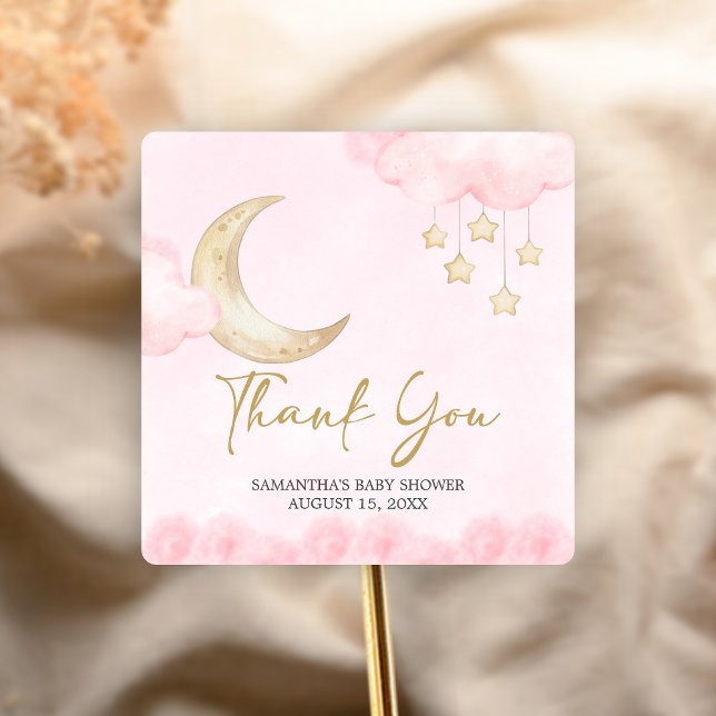 Pegatina Cuadrada Ducha de bebé Pink Over the Moon  (Over the Moon Baby Shower Sticker)