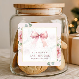 Pegatina Cuadrada Ducha de Bebé Rosa Floral Coquette Lazo