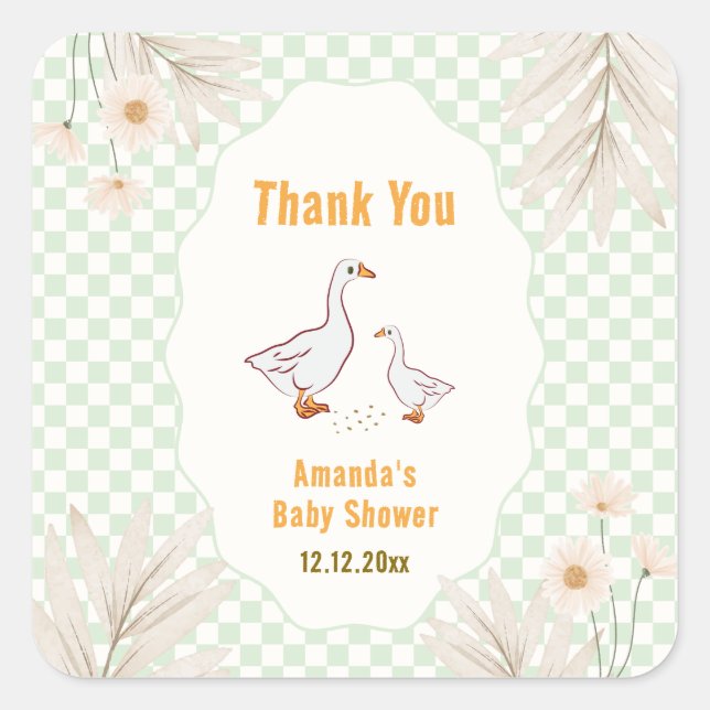 Pegatina Cuadrada Ducha de bebé Sage Gingham Daisy Boho Silly Goose  (Anverso)