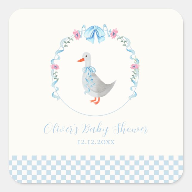 Pegatina Cuadrada Ducha de bebé Silly Goose Bosque de Gingham Azul (Anverso)