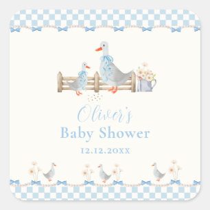 Pegatina Cuadrada Ducha de bebé Silly Goose con lazo azul a cuadros