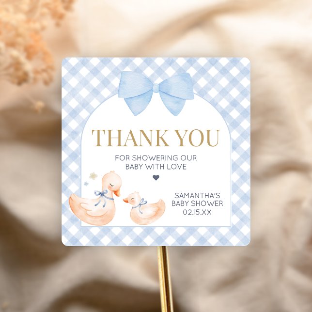 Pegatina Cuadrada Ducha de bebé Silly Goose de cuadros azules (Little Silly Goose Baby Shower Sticker)