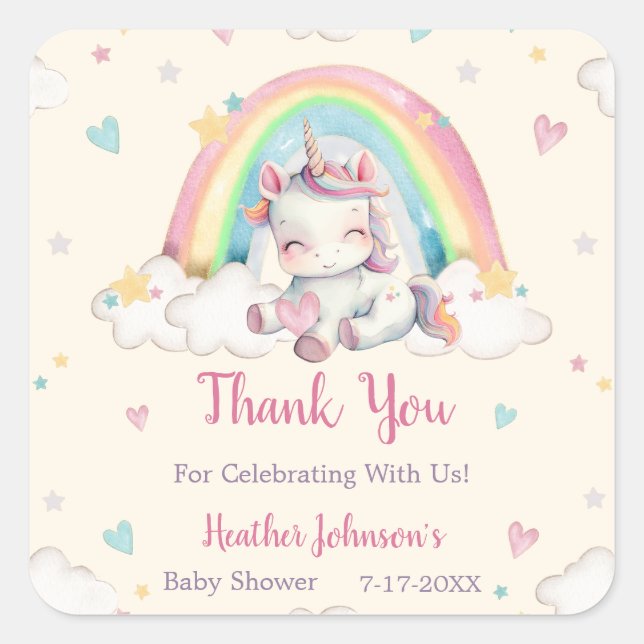 Pegatina Cuadrada Ducha de Bebé Unicornio Arcoíris Pastel (Anverso)