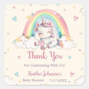 Pegatina Cuadrada Ducha de Bebé Unicornio Arcoíris Pastel