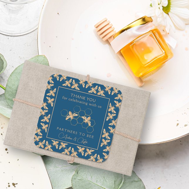 Pegatina Cuadrada Ducha de Boda Dorada Indigo & Honeycomb (Subido por el creador)