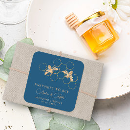 Pegatina Cuadrada Ducha de Boda Dorada Indigo & Honeycomb