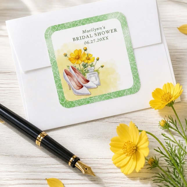 Pegatina Cuadrada Ducha de Boda Floral Amarilla (Subido por el creador)