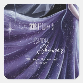 Pegatina Cuadrada Ducha de boda púrpura moderna con traje de novia