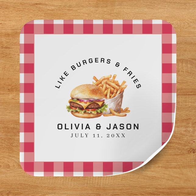 Pegatina Cuadrada Ducha de casamiento picnic para hamburguesas y bol (Burgers & Fries Picnic Wedding Shower Square Sticker
)