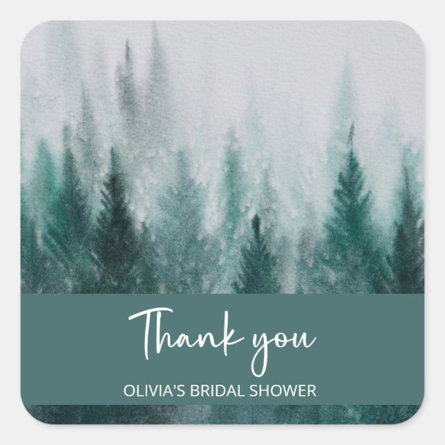 Pegatina Cuadrada Ducha de novia acuarela bosque de pinos verde  (Anverso)