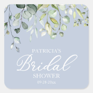 Pegatina Cuadrada Ducha de Novia Acuarela Verde Eucalipto Linda