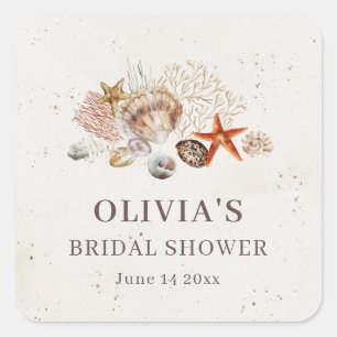 Pegatina Cuadrada Ducha de Novia Boho Costera de Conchas de Mar Océa