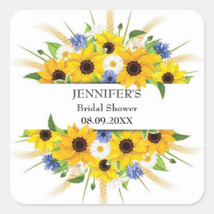 Pegatina Cuadrada Ducha de Novia con Acuarela de Girasoles y Centaur