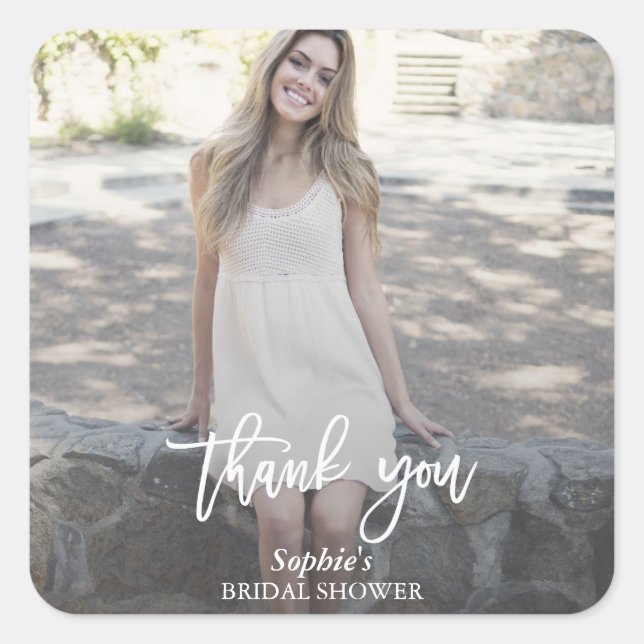 Pegatina Cuadrada Ducha de Novia con Foto Personalizada con Letra Mo (Anverso)