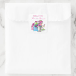 Pegatina Cuadrada Ducha de Novia con Lazos Burbujeantes y Flores