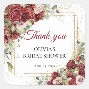 Pegatina Cuadrada Ducha de novia de acuarela boho con rosas rojas y 