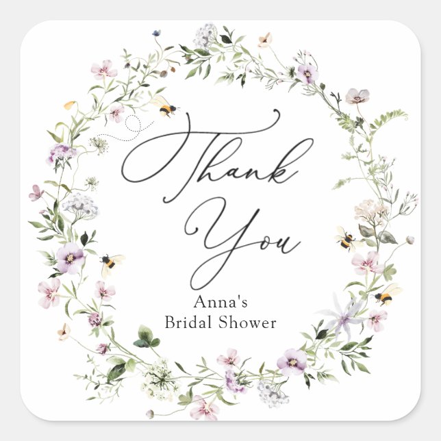 Pegatina Cuadrada Ducha de Novia de Flor Silvestre de Abeja y Lavand (Anverso)
