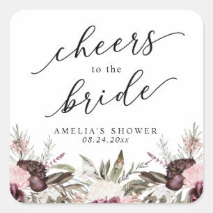 Pegatina Cuadrada Ducha de Novia Floral Boho Borgoña