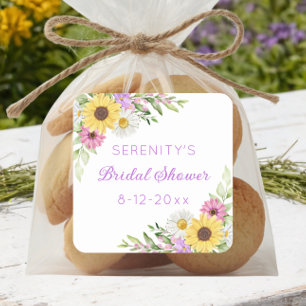 Pegatina Cuadrada Ducha de Novia Floral Boho Girasol Margarita