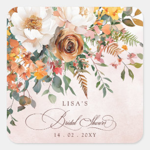 Pegatina Cuadrada Ducha de Novia Floral Naranja Rústica de Otoño