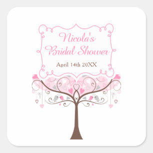 Pegatina Cuadrada Ducha de Novia Floral Pájaro Rosa