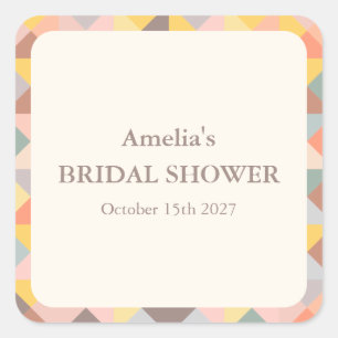 Pegatina Cuadrada Ducha de Novia Geométrica Terrosa Rústica con Nomb