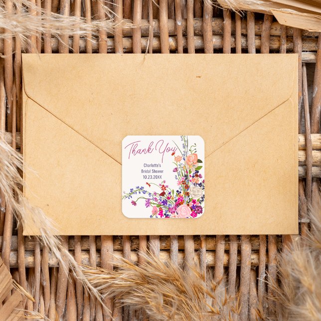 Pegatina Cuadrada Ducha de novia moderna con flores silvestres graci (Modern wild flowers thank you bridal shower square sticker)
