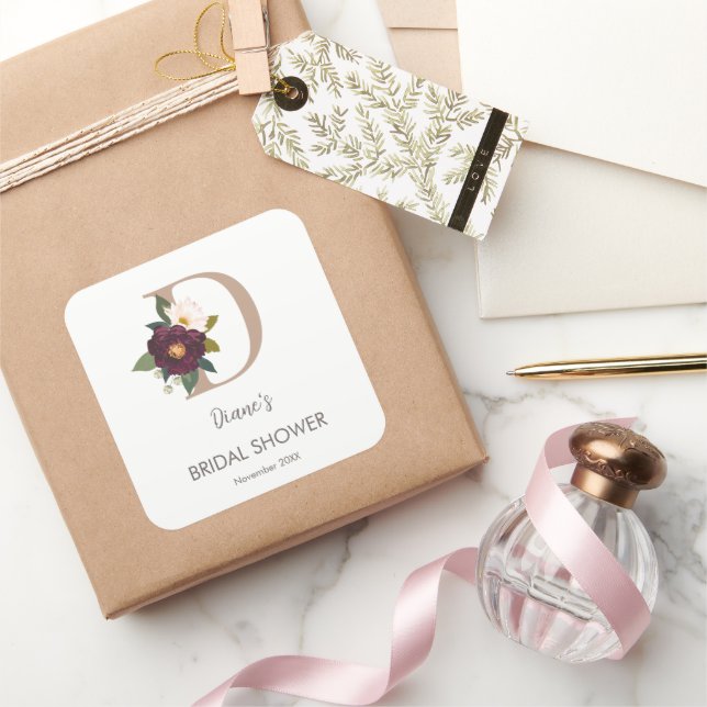 Pegatina Cuadrada Ducha de Novia Monograma Floral Letra D    (Regalar)