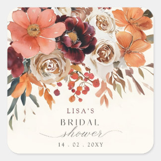 Pegatina Cuadrada Ducha de Novia Otoñal Floral Burgundy Rústica