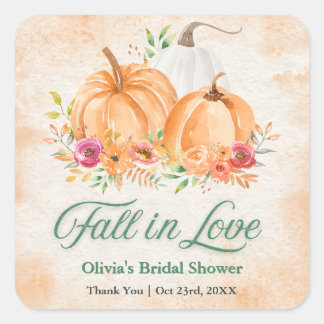 Pegatina Cuadrada Ducha de Novia Otoño Calabaza Enamorada