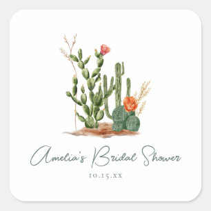 Pegatina Cuadrada Ducha de Novia Personalizada con Cactus del Desier