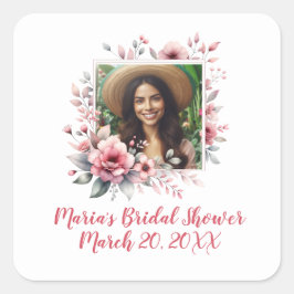 Pegatina Cuadrada ducha de novia personalizada foto acuarela floral