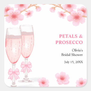 Pegatina Cuadrada Ducha de Novia Pétalos Florales de Lazo Rosa y Pro