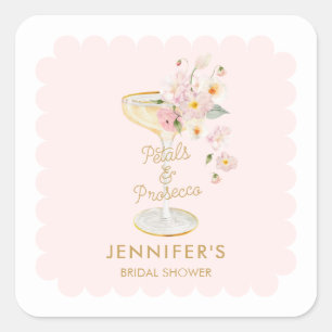 Pegatina Cuadrada Ducha de Novia Pétalos y Prosecco Personalizada