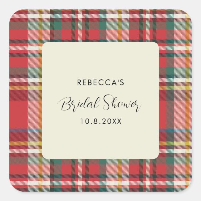Pegatina Cuadrada Ducha de Novia Plaid Elegante Rústico Script (Anverso)