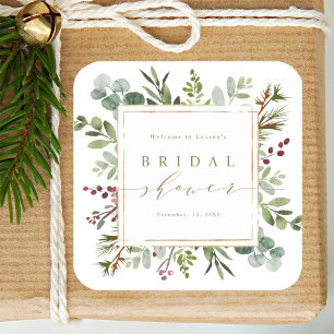 Pegatina Cuadrada Ducha de Novia Verde Botánico de Navidad