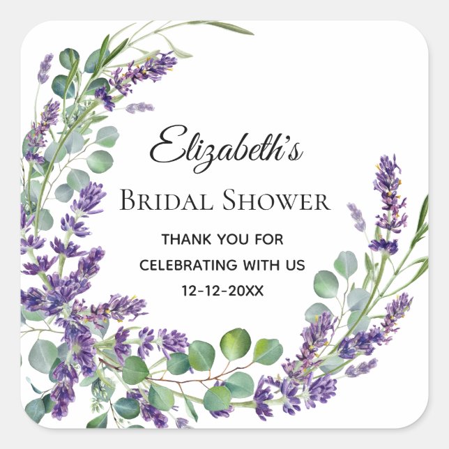 Pegatina Cuadrada Ducha de novias Boho Lavender Eucalyptus (Anverso)