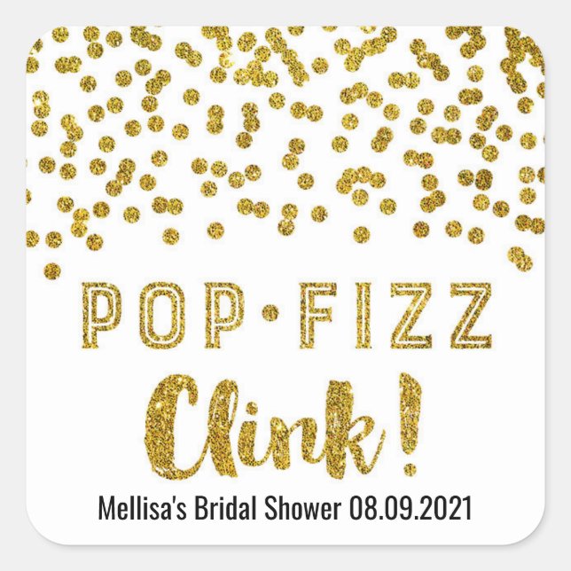 Pegatina Cuadrada Ducha de novias de Confetti Gold Fizz Clink (Anverso)