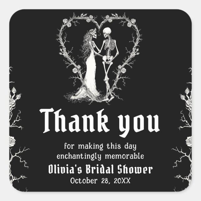 Pegatina Cuadrada Ducha de novias en Skeleton Black Gothic Halloween (Anverso)