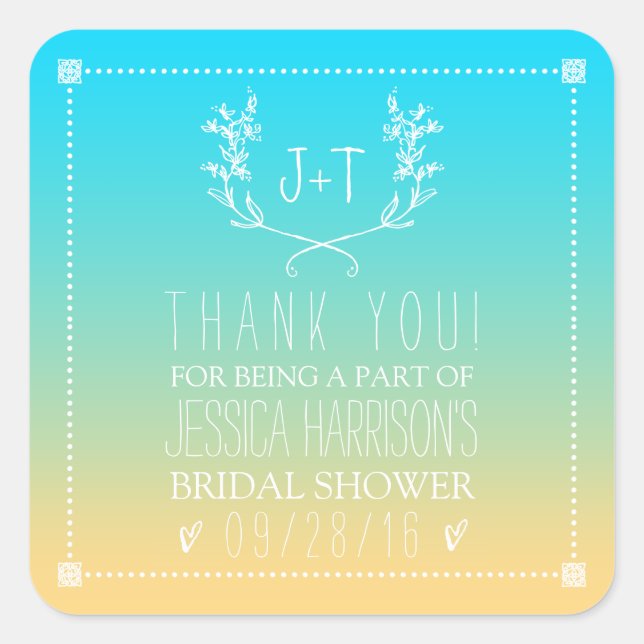 Pegatina Cuadrada Ducha de novias Monograma Wreath Beach Ombre (Anverso)
