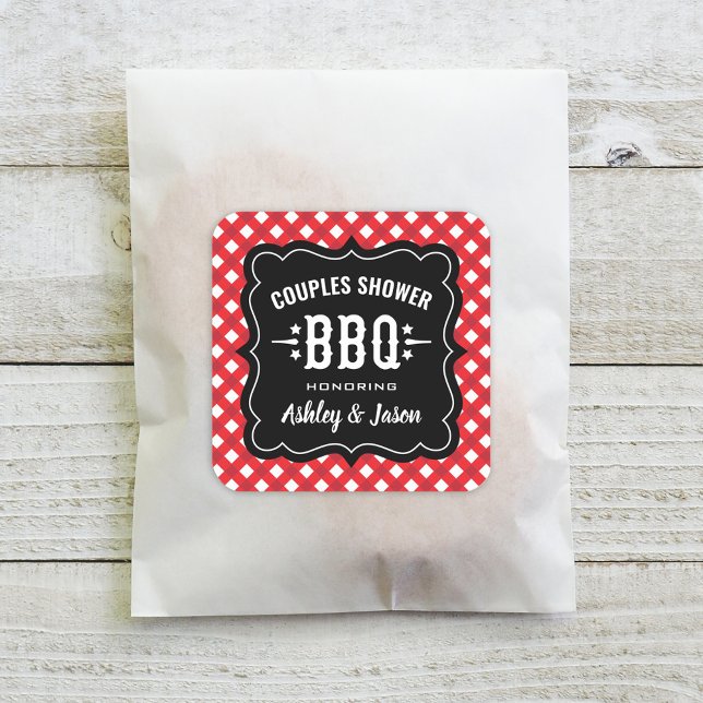 Pegatina Cuadrada Ducha de parejas de gingham rojo BBQ boda (Subido por el creador)
