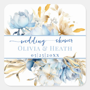 Pegatina Cuadrada Ducha de parejas floral azul polvoriento dorado