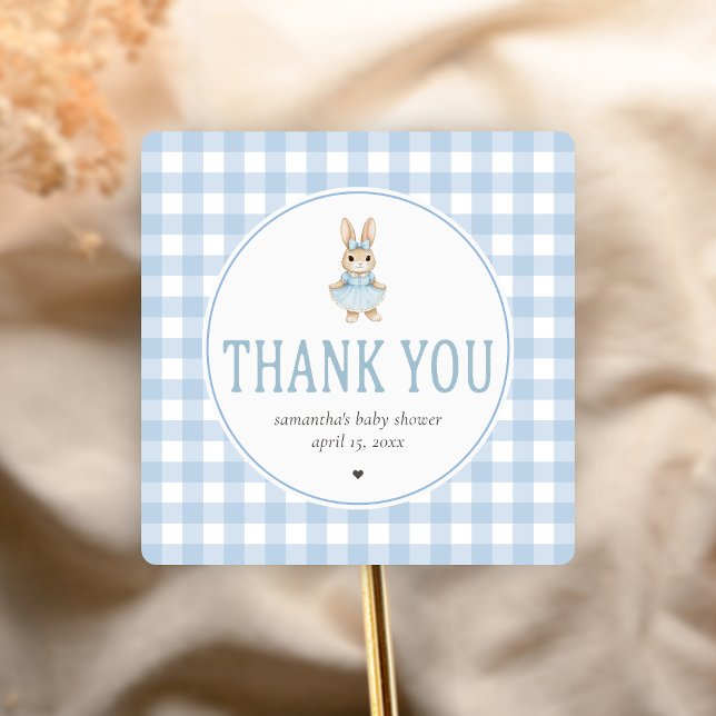 Pegatina Cuadrada Ducha de Somebunny Baby (Gingham Little Bunny Baby Shower Sticker)