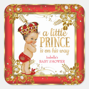 Pegatina Cuadrada Ducha del Príncipe Bebé Niño Rojo Dorado Blanco Mo