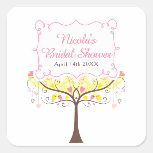 Pegatina Cuadrada Ducha Nupcial de Pájaro Floral Rosa Amarillo