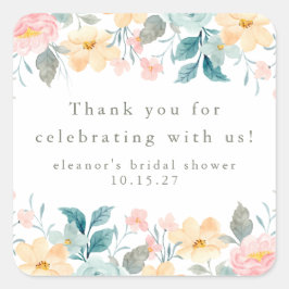 Pegatina Cuadrada Ducha Nupcial Floral Rosa Turquesa Personalizada A
