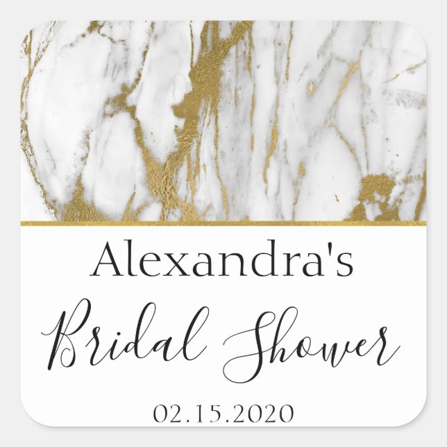 Pegatina Cuadrada Ducha nupcial Marble blanco y dorado elegante (Anverso)